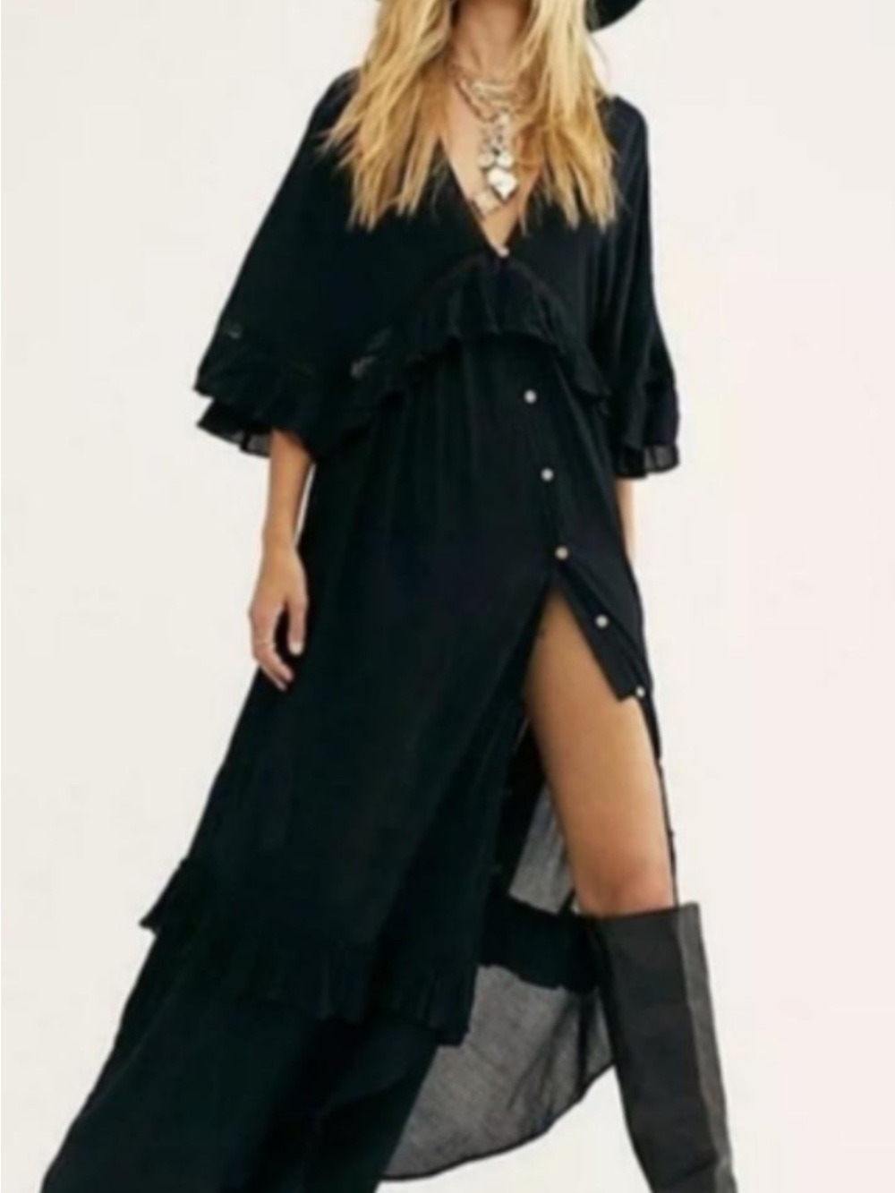 Free People Black Ruffled V-Neck Maxi Dress with Button Front